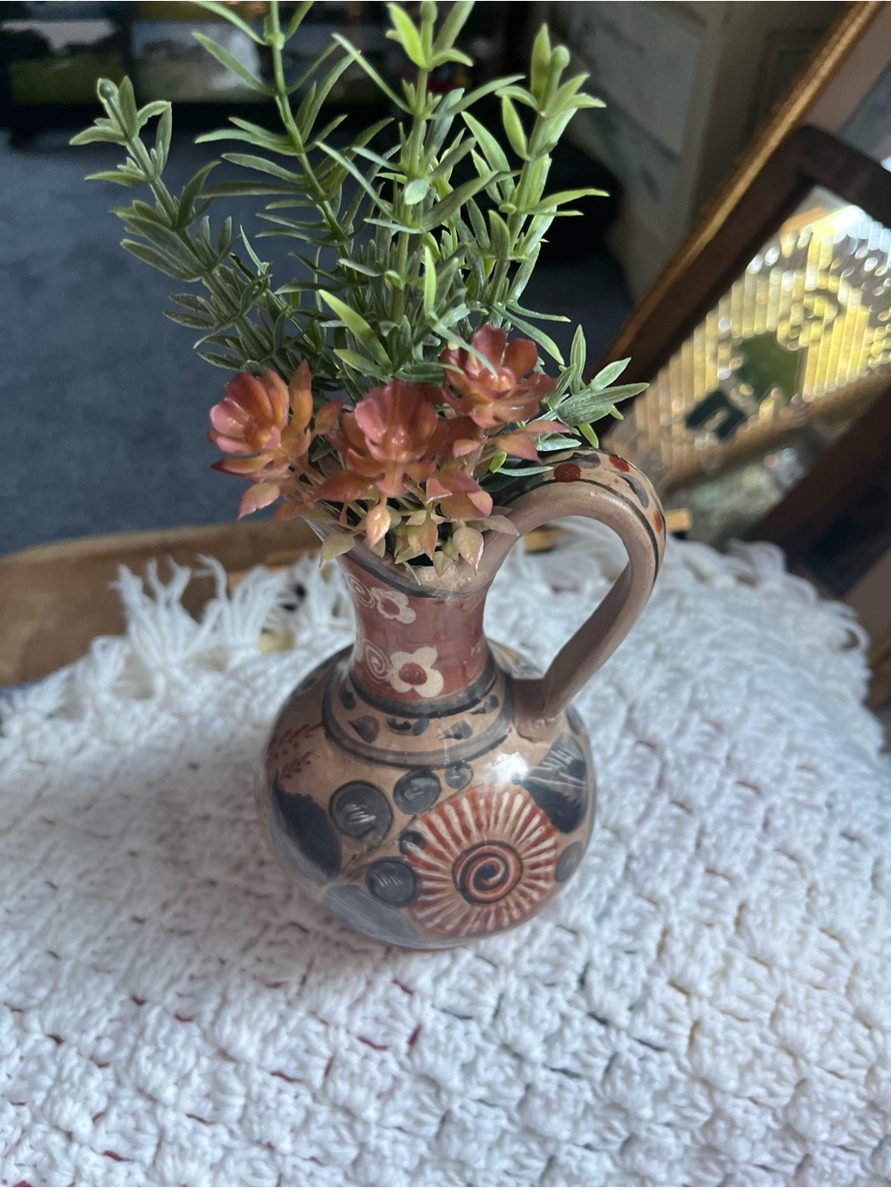 Vintage Mexican sm. pottery pitcher, Tonala hand painted burnished glaze
